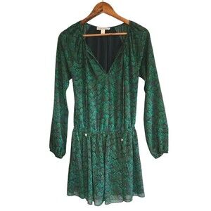 Michael Kors Dress Women's XS Green Feather Print V Neck Gooseberry Nila Lined